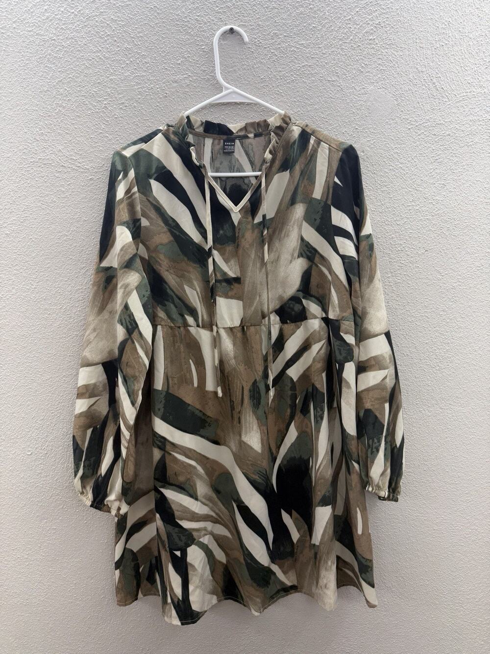Shein Womens Dress Size Large Long Sleeve V-neck Brown Green Print